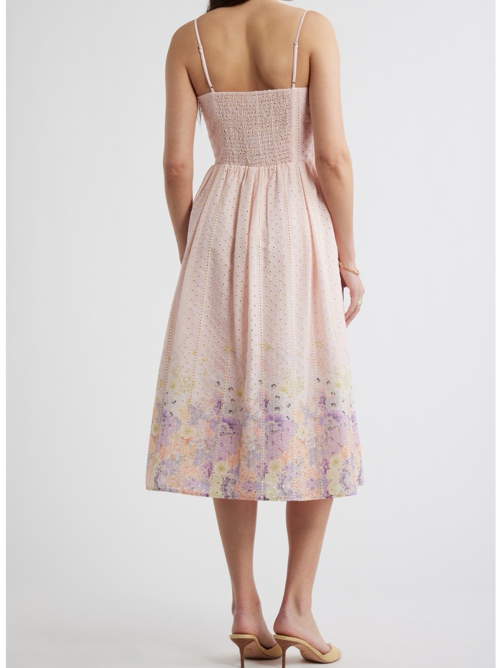 Chelsea28 Pastel Pink Eyelet Midi Dress with Floral Border